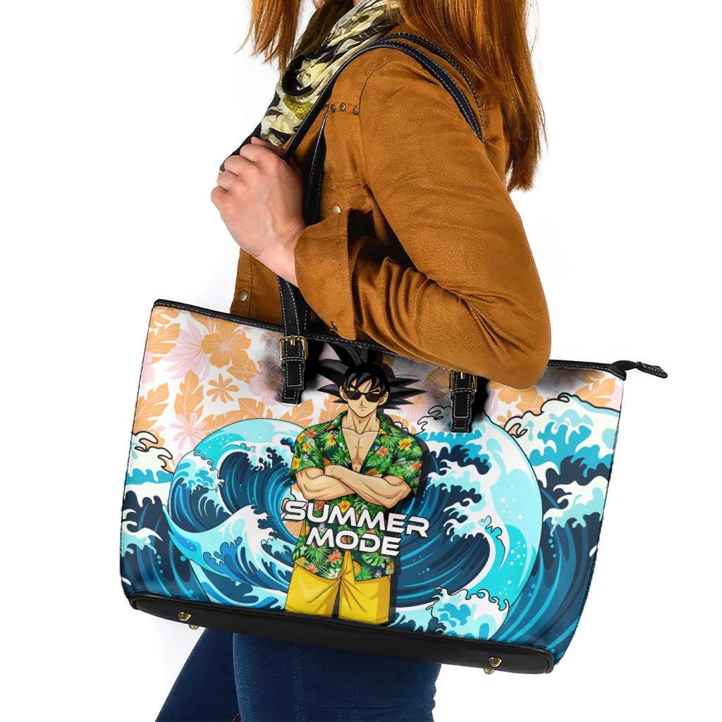 Goku Dragon Ball Summer Theme Leather Tote Bag with Tropical Floral Shirt Sunglasses Shenron and Ocean Wave Background - The Mazicc