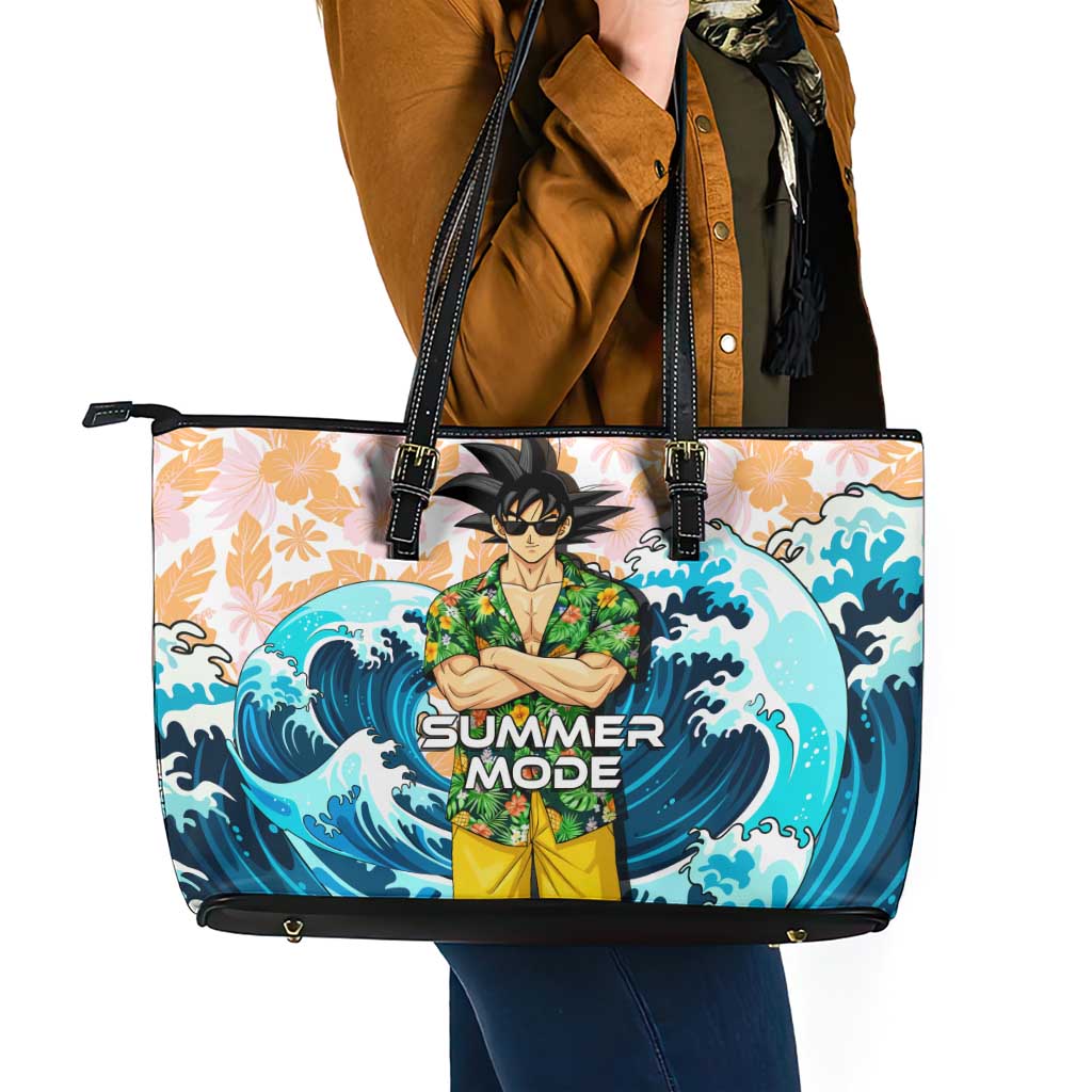 Goku Dragon Ball Summer Theme Leather Tote Bag with Tropical Floral Shirt Sunglasses Shenron and Ocean Wave Background - The Mazicc