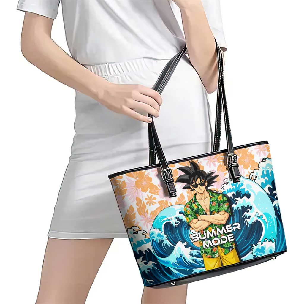 Goku Dragon Ball Summer Theme Leather Tote Bag with Tropical Floral Shirt Sunglasses Shenron and Ocean Wave Background - The Mazicc
