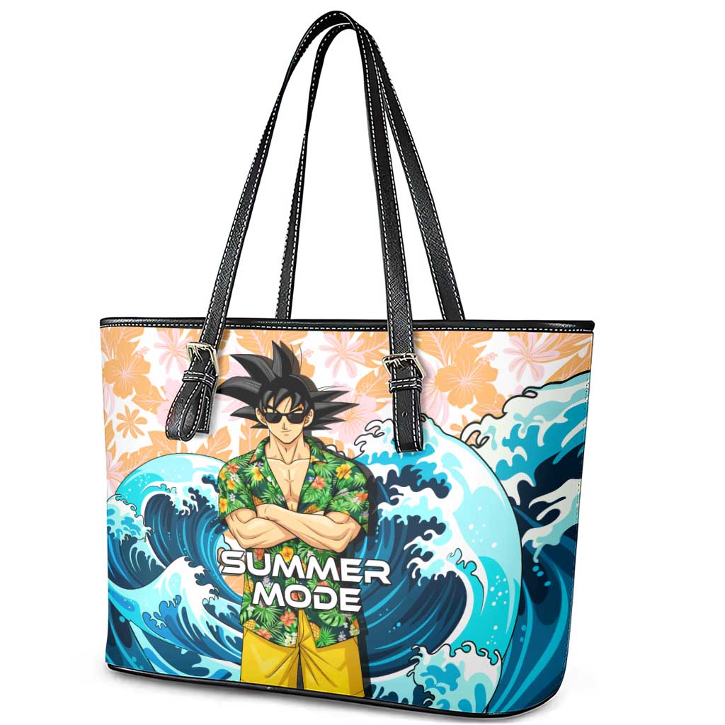 Goku Dragon Ball Summer Theme Leather Tote Bag with Tropical Floral Shirt Sunglasses Shenron and Ocean Wave Background - The Mazicc