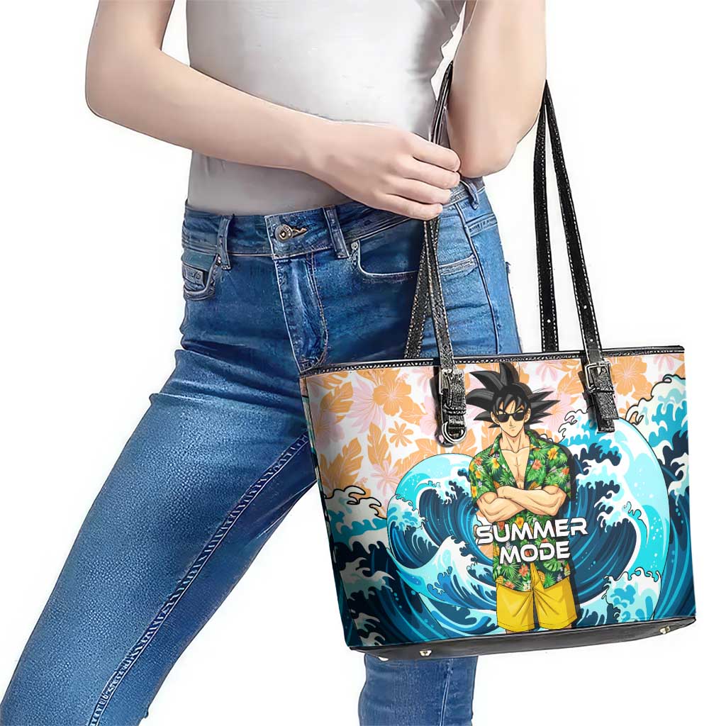 Goku Dragon Ball Summer Theme Leather Tote Bag with Tropical Floral Shirt Sunglasses Shenron and Ocean Wave Background - The Mazicc