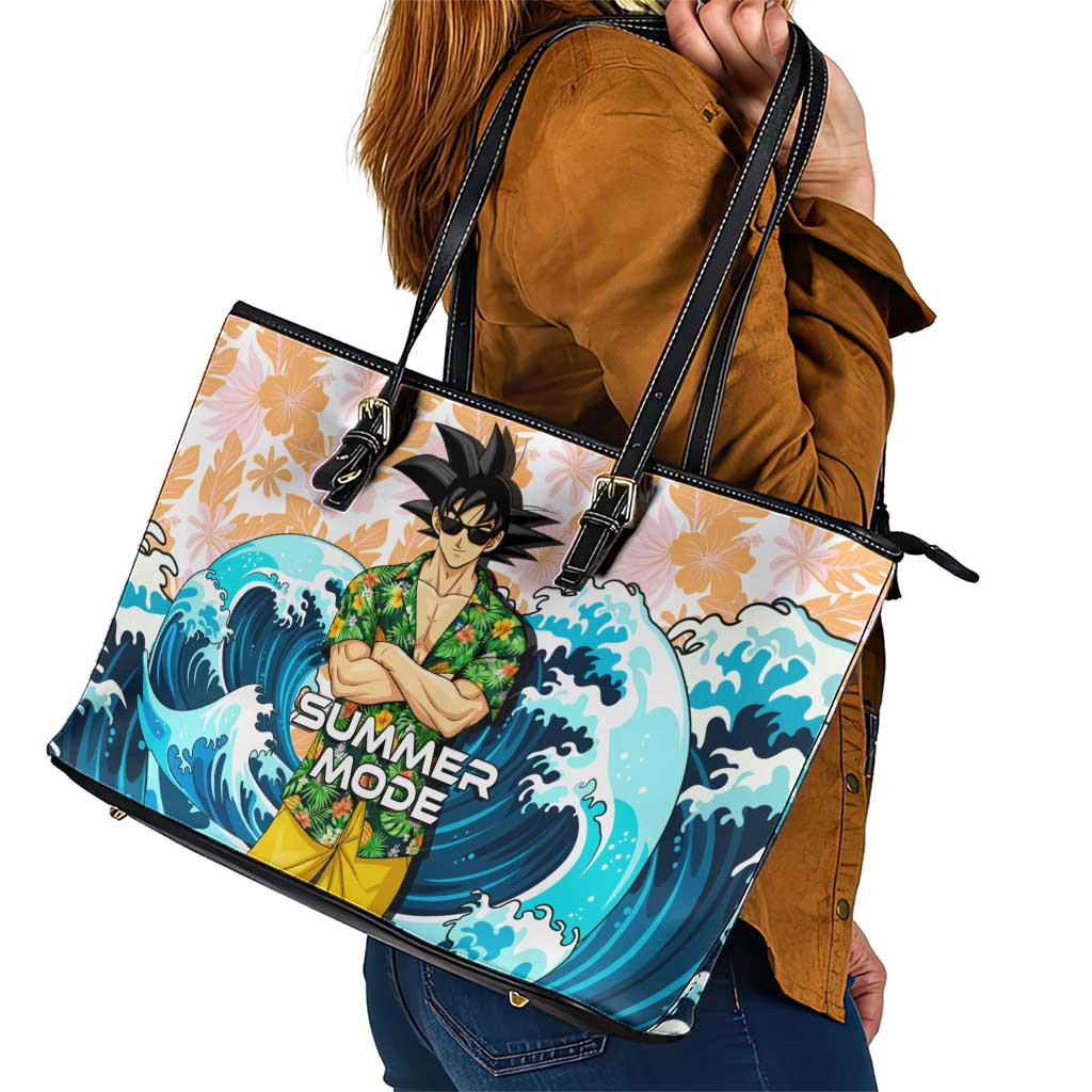 Goku Dragon Ball Summer Theme Leather Tote Bag with Tropical Floral Shirt Sunglasses Shenron and Ocean Wave Background - The Mazicc