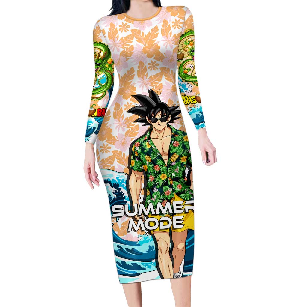 Goku Dragon Ball Summer Theme Long Sleeve Bodycon Dress with Tropical Floral Shirt Sunglasses Shenron and Ocean Wave Background - The Mazicc