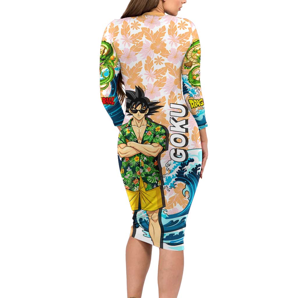 Goku Dragon Ball Summer Theme Long Sleeve Bodycon Dress with Tropical Floral Shirt Sunglasses Shenron and Ocean Wave Background - The Mazicc