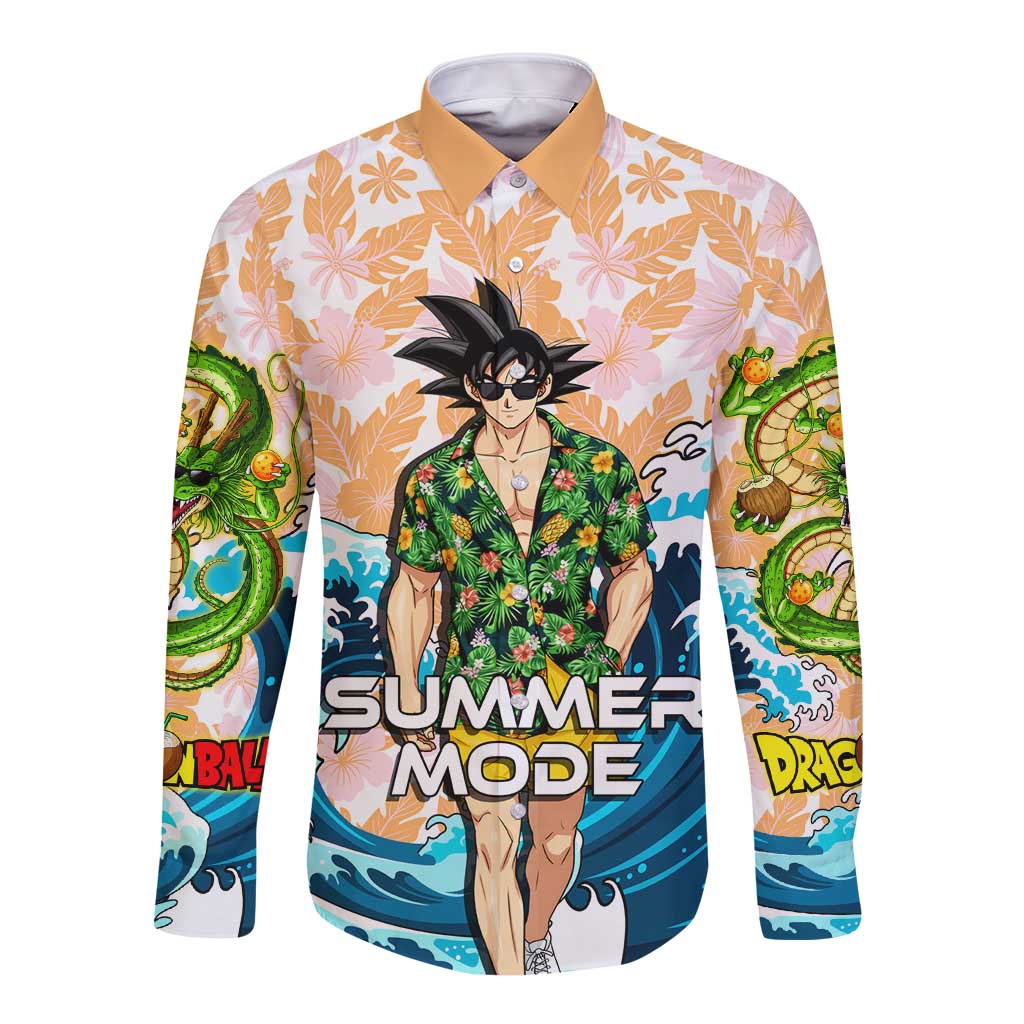Goku Dragon Ball Summer Theme Long Sleeve Button Shirt with Tropical Floral Shirt Sunglasses Shenron and Ocean Wave Background - The Mazicc