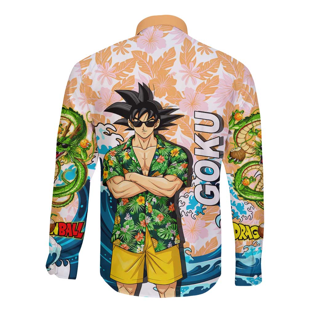 Goku Dragon Ball Summer Theme Long Sleeve Button Shirt with Tropical Floral Shirt Sunglasses Shenron and Ocean Wave Background - The Mazicc