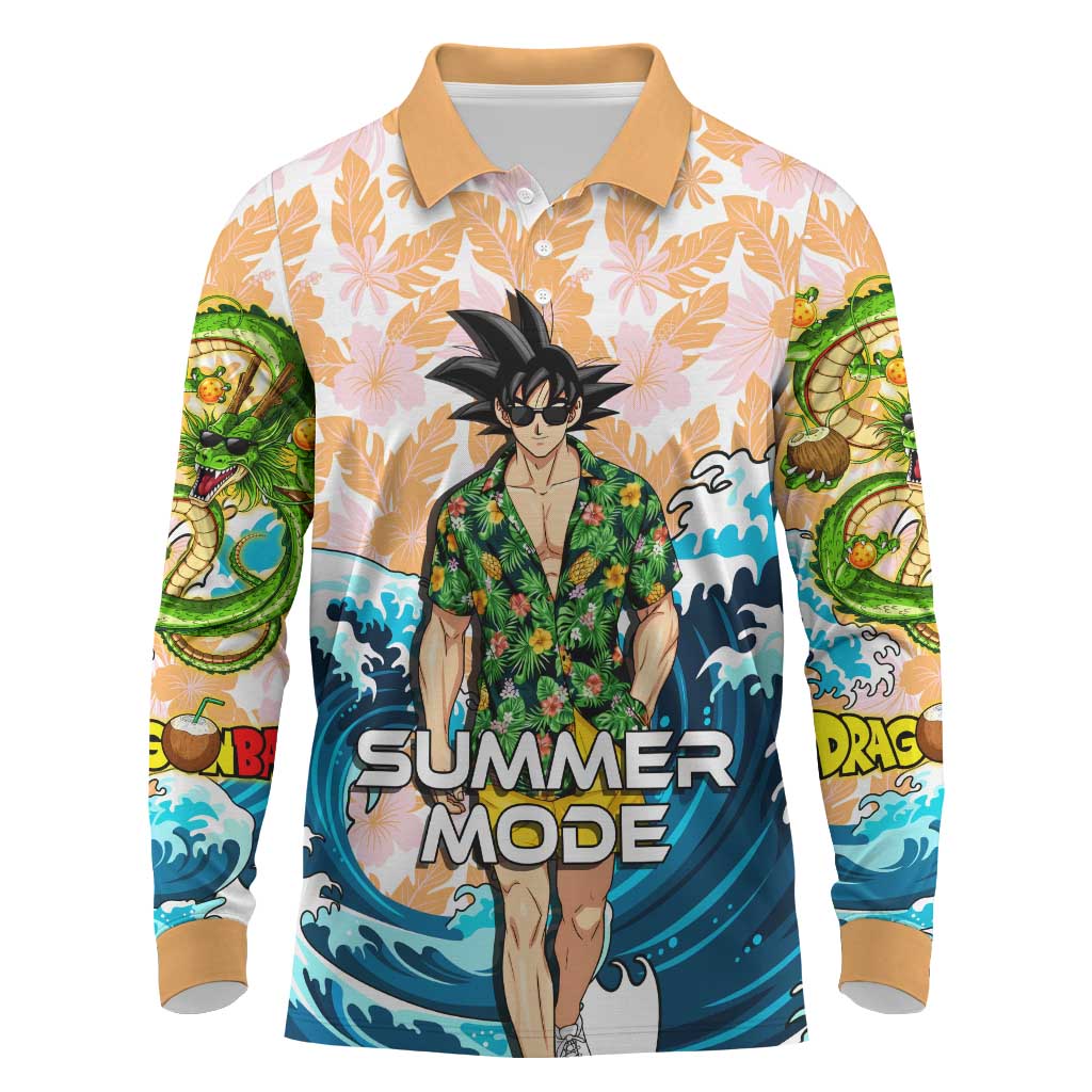 Goku Dragon Ball Summer Theme Long Sleeve Polo Shirt with Tropical Floral Shirt Sunglasses Shenron and Ocean Wave Background - The Mazicc