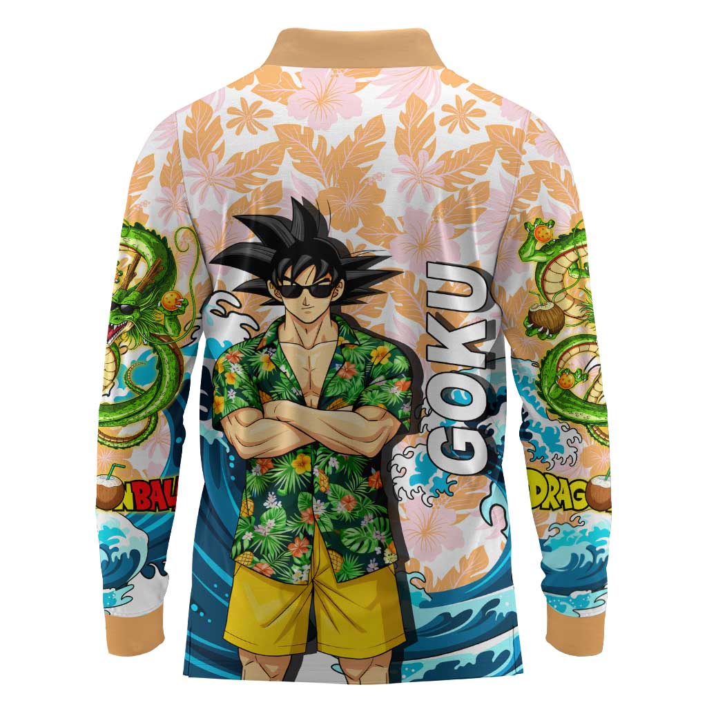 Goku Dragon Ball Summer Theme Long Sleeve Polo Shirt with Tropical Floral Shirt Sunglasses Shenron and Ocean Wave Background - The Mazicc