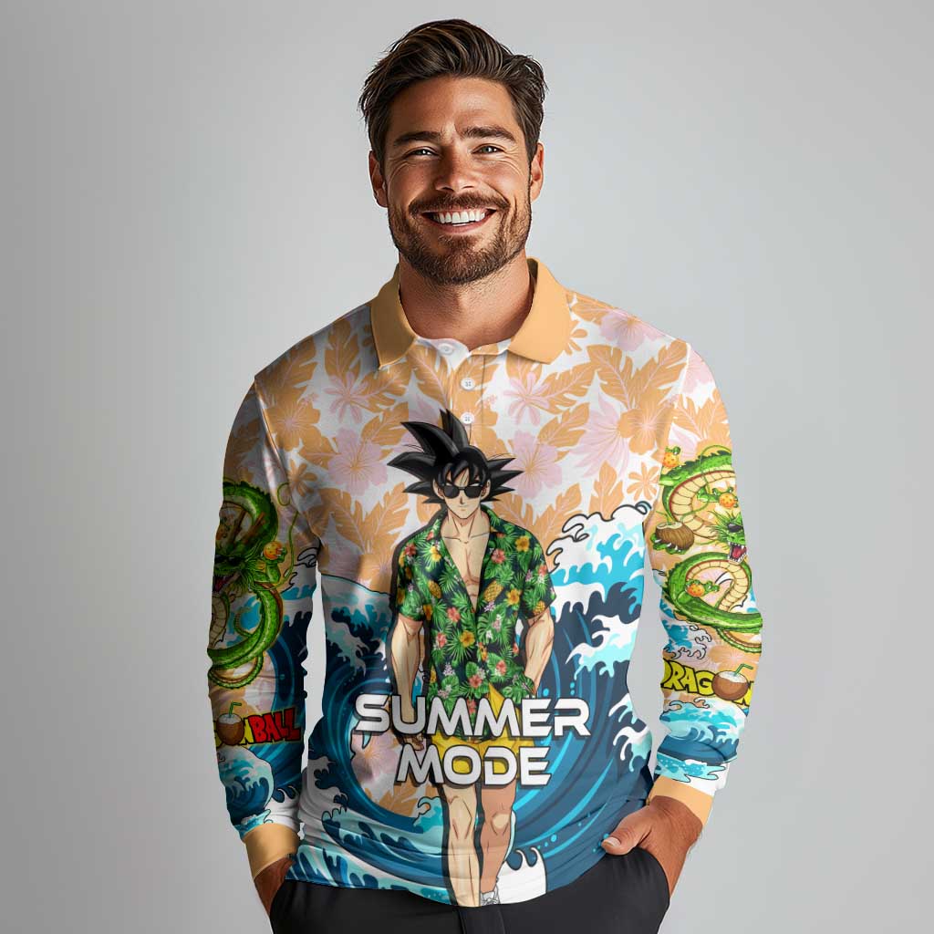 Goku Dragon Ball Summer Theme Long Sleeve Polo Shirt with Tropical Floral Shirt Sunglasses Shenron and Ocean Wave Background - The Mazicc