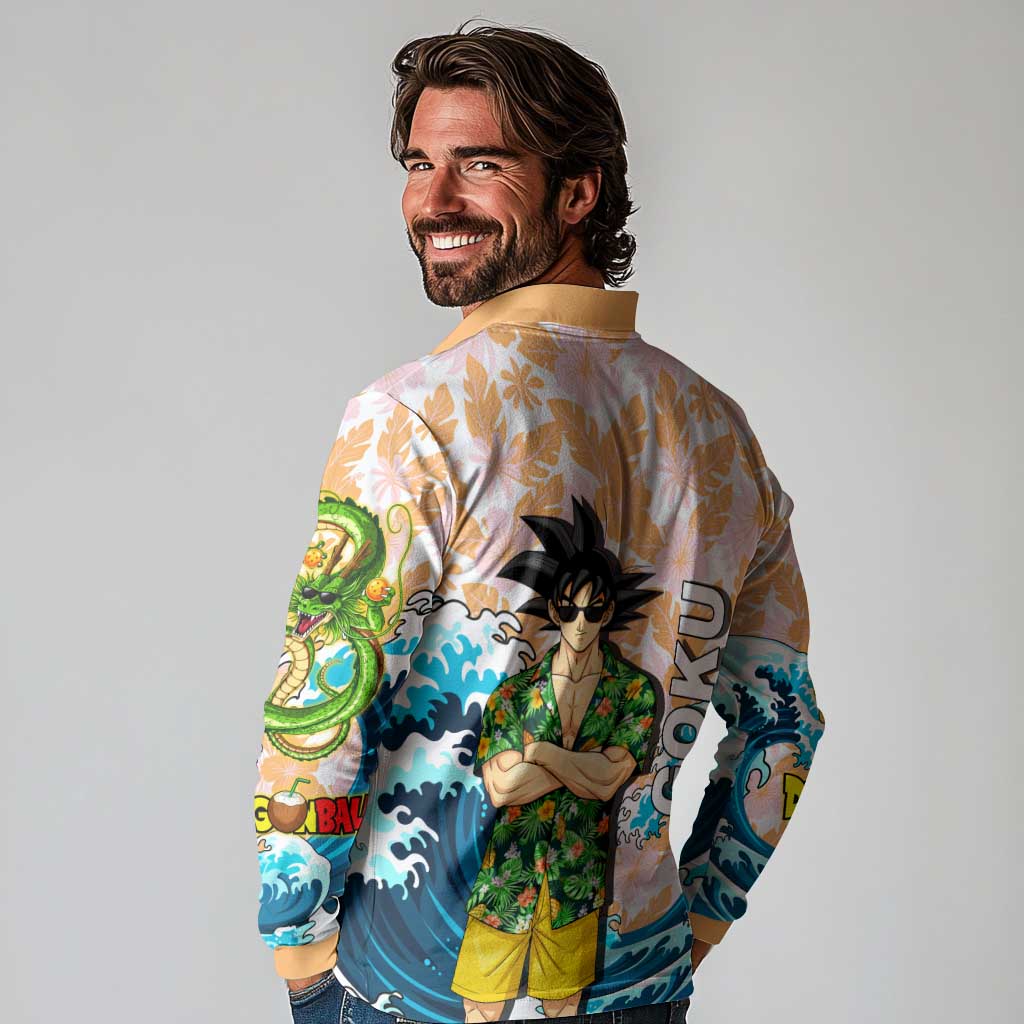 Goku Dragon Ball Summer Theme Long Sleeve Polo Shirt with Tropical Floral Shirt Sunglasses Shenron and Ocean Wave Background - The Mazicc
