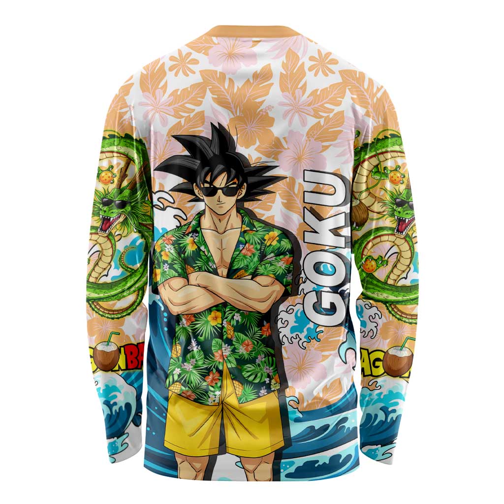Goku Dragon Ball Summer Theme Long Sleeve Shirt with Tropical Floral Shirt Sunglasses Shenron and Ocean Wave Background - The Mazicc