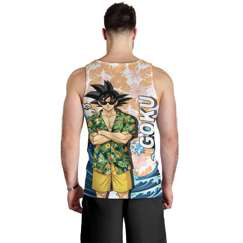 Goku Dragon Ball Summer Theme Men Tank Top with Tropical Floral Shirt Sunglasses Shenron and Ocean Wave Background - The Mazicc