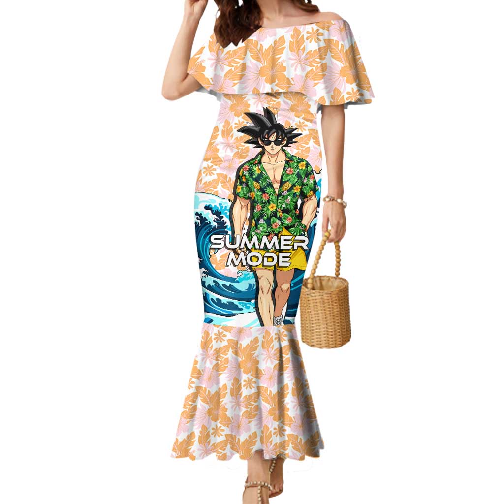 Goku Dragon Ball Summer Theme Mermaid Dress with Tropical Floral Shirt Sunglasses Shenron and Ocean Wave Background - The Mazicc