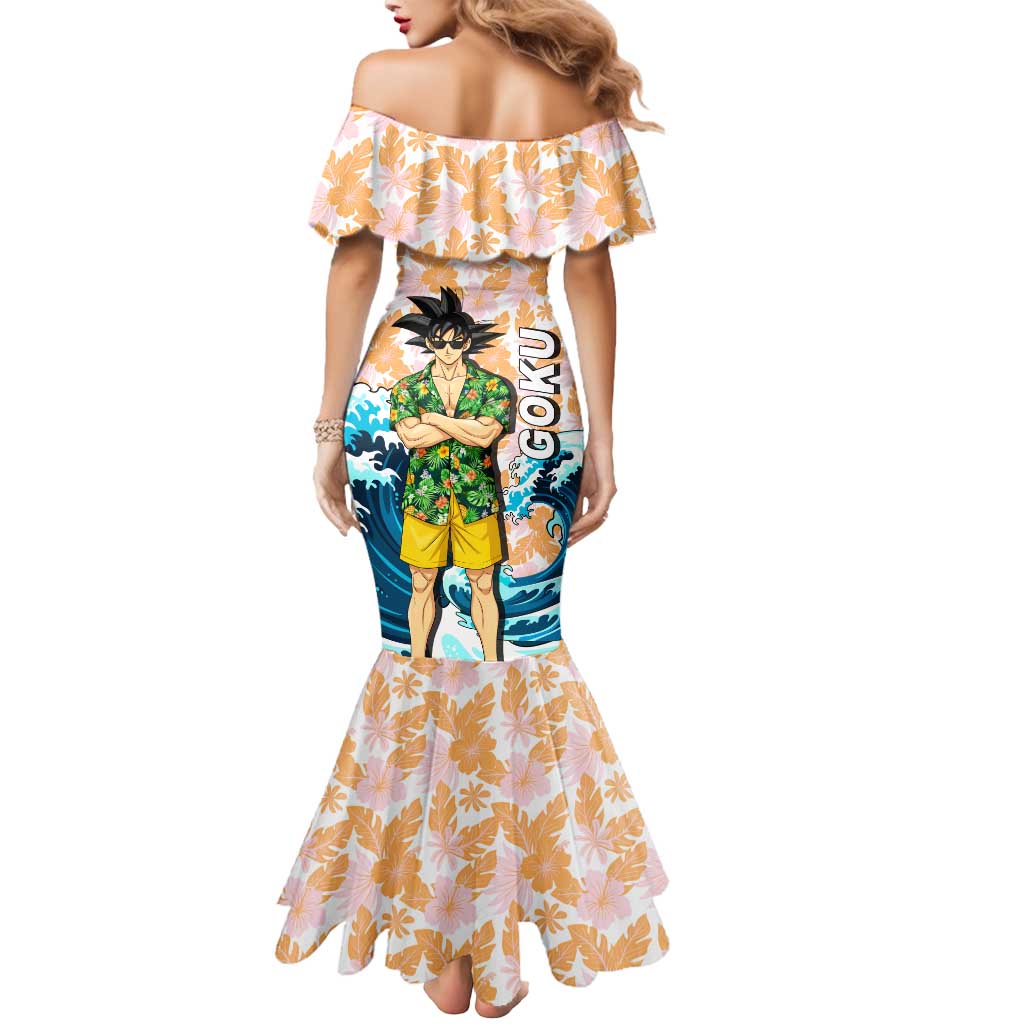 Goku Dragon Ball Summer Theme Mermaid Dress with Tropical Floral Shirt Sunglasses Shenron and Ocean Wave Background - The Mazicc