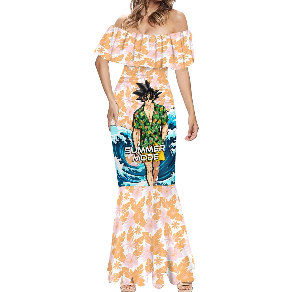 Goku Dragon Ball Summer Theme Mermaid Dress with Tropical Floral Shirt Sunglasses Shenron and Ocean Wave Background - The Mazicc