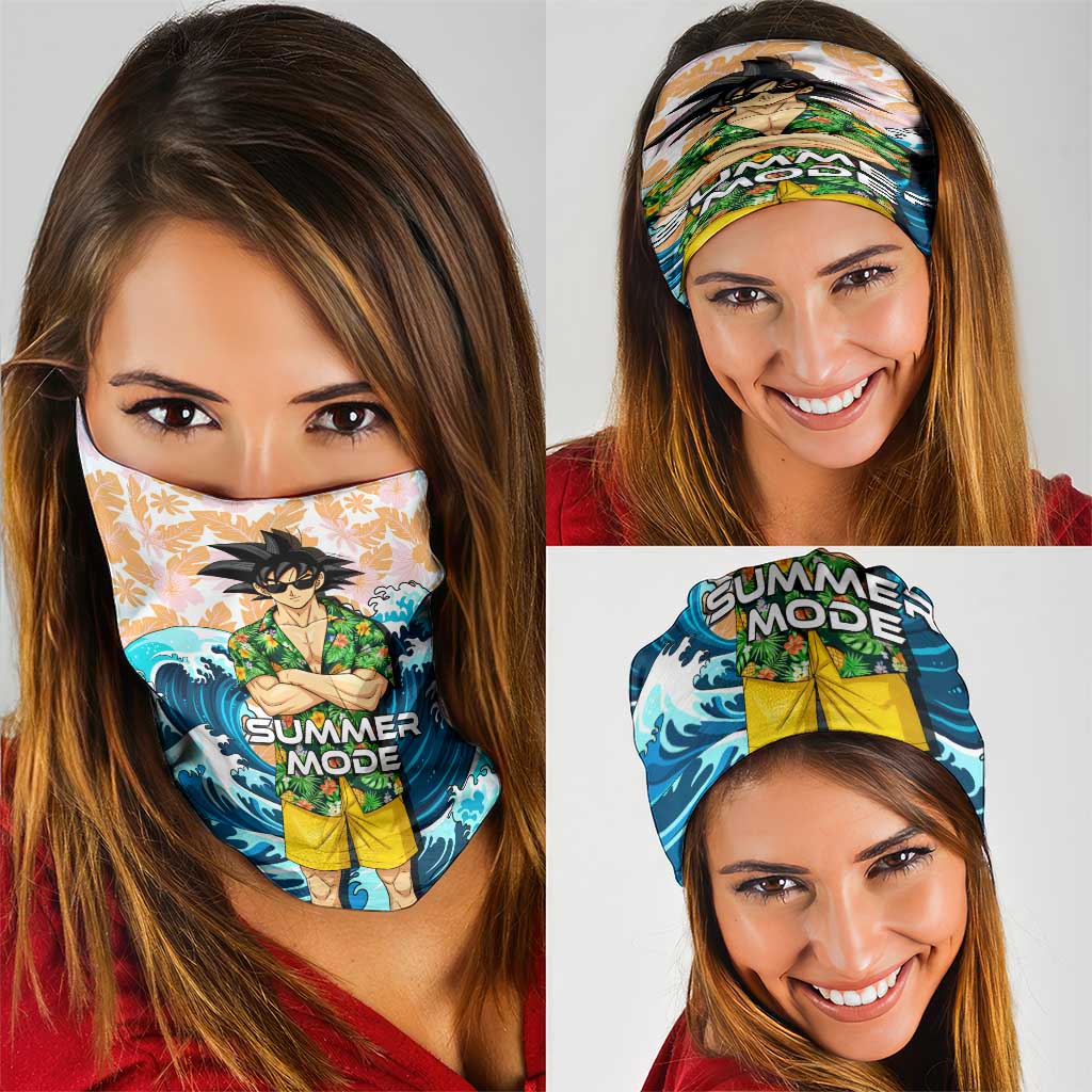 Goku Dragon Ball Summer Theme Neck Gaiter with Tropical Floral Shirt Sunglasses Shenron and Ocean Wave Background - The Mazicc