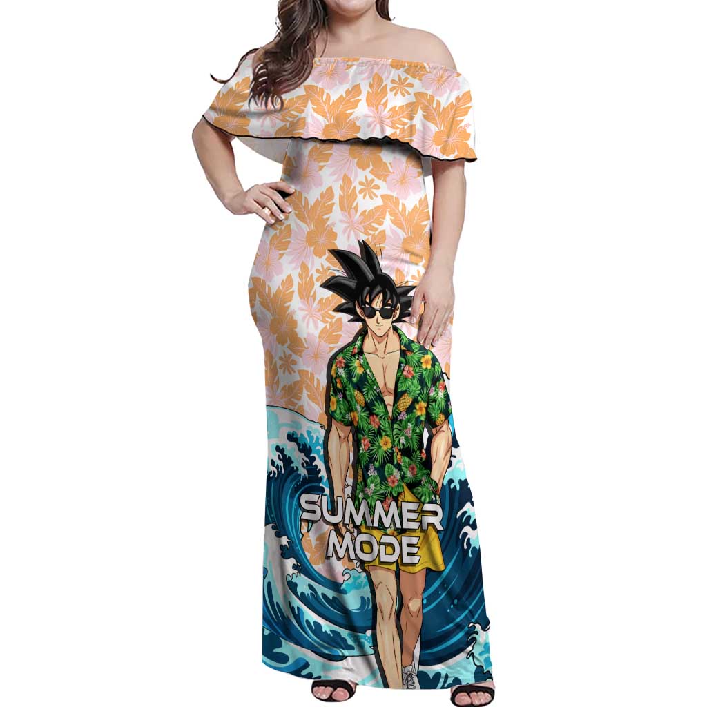 Goku Dragon Ball Summer Theme Off Shoulder Maxi Dress with Tropical Floral Shirt Sunglasses Shenron and Ocean Wave Background - The Mazicc