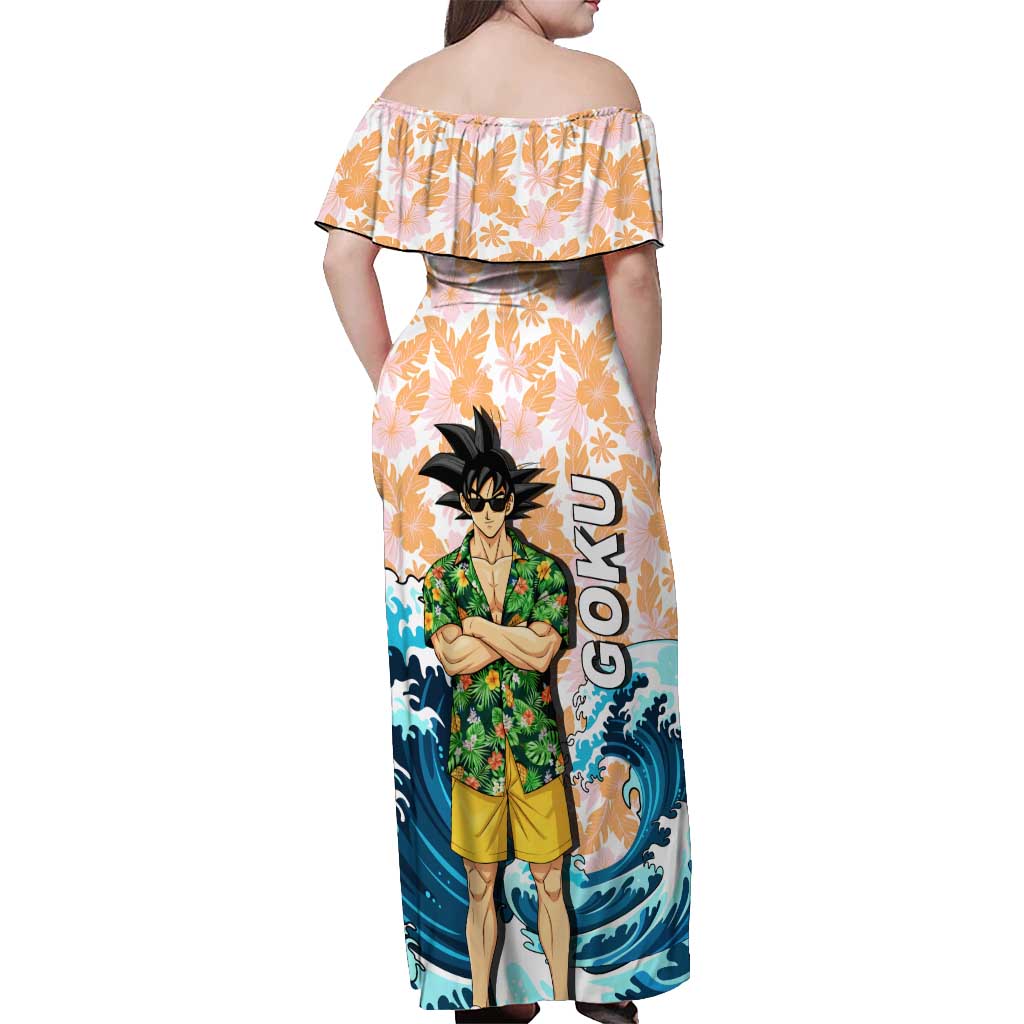 Goku Dragon Ball Summer Theme Off Shoulder Maxi Dress with Tropical Floral Shirt Sunglasses Shenron and Ocean Wave Background - The Mazicc