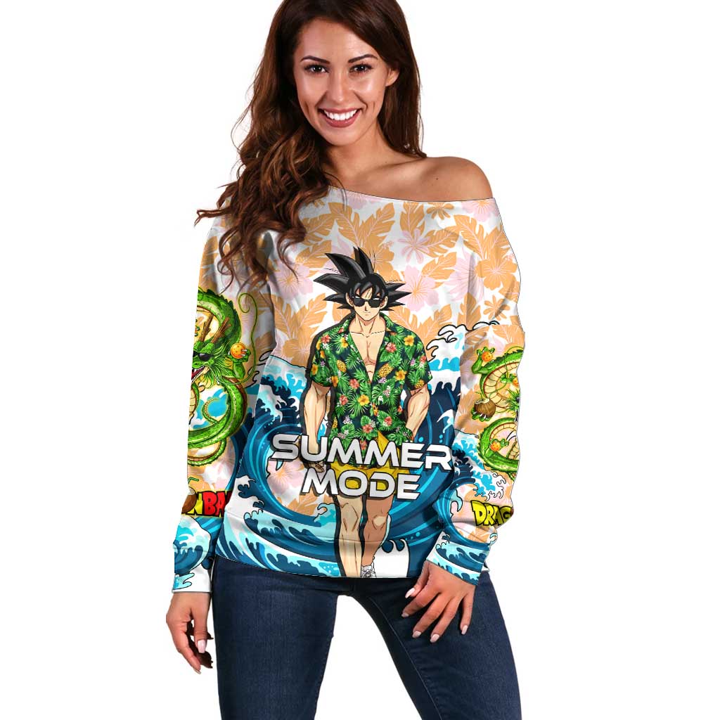 Goku Dragon Ball Summer Theme Off Shoulder Sweater with Tropical Floral Shirt Sunglasses Shenron and Ocean Wave Background - The Mazicc