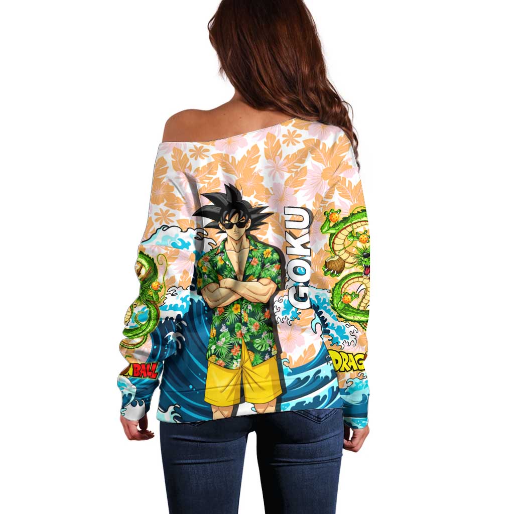 Goku Dragon Ball Summer Theme Off Shoulder Sweater with Tropical Floral Shirt Sunglasses Shenron and Ocean Wave Background - The Mazicc