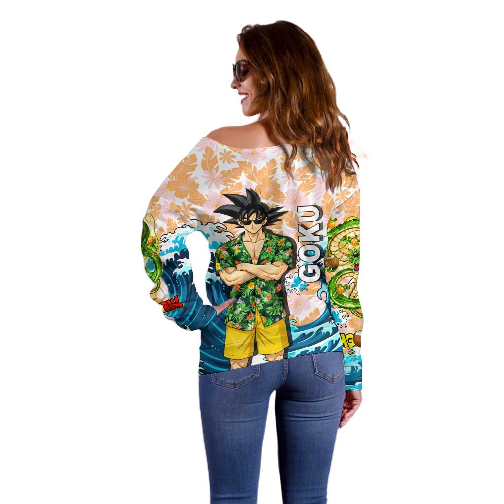Goku Dragon Ball Summer Theme Off Shoulder Sweater with Tropical Floral Shirt Sunglasses Shenron and Ocean Wave Background - The Mazicc