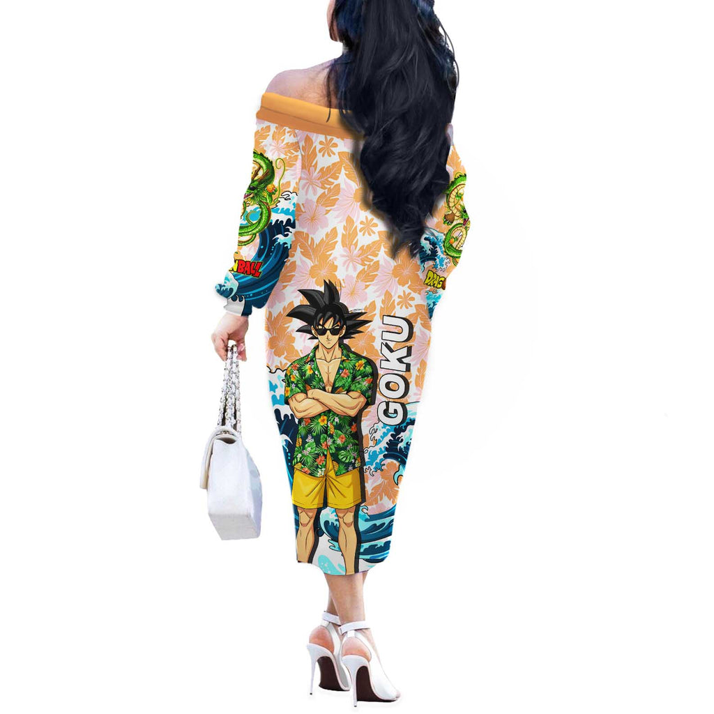 Goku Dragon Ball Summer Theme Off The Shoulder Long Sleeve Dress with Tropical Floral Shirt Sunglasses Shenron and Ocean Wave Background - The Mazicc