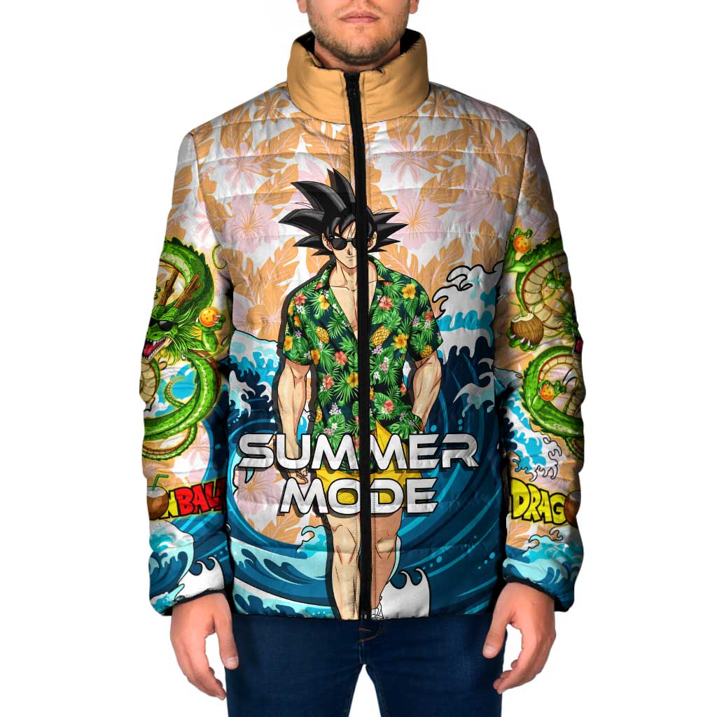 Goku Dragon Ball Summer Theme Padded Jacket with Tropical Floral Shirt Sunglasses Shenron and Ocean Wave Background - The Mazicc