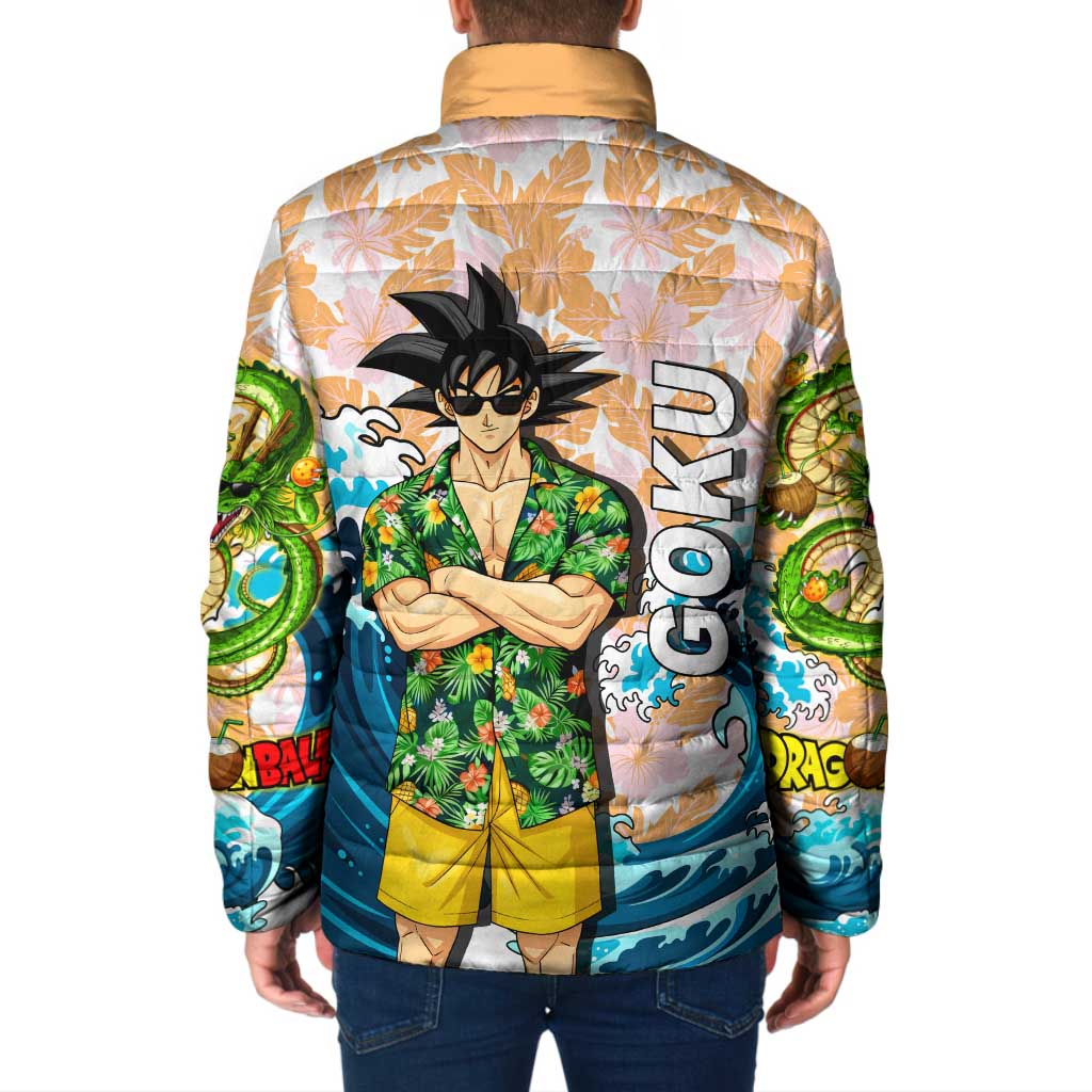 Goku Dragon Ball Summer Theme Padded Jacket with Tropical Floral Shirt Sunglasses Shenron and Ocean Wave Background - The Mazicc