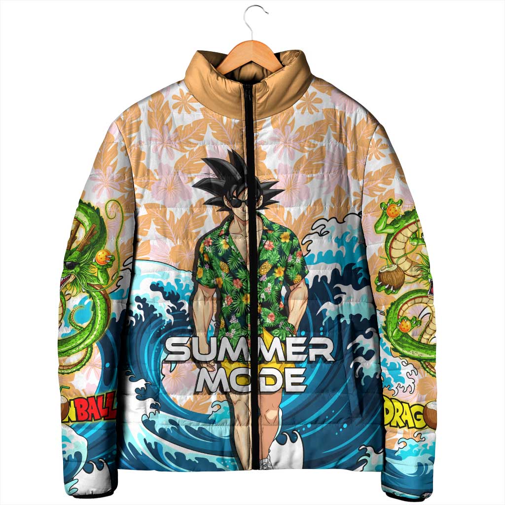 Goku Dragon Ball Summer Theme Padded Jacket with Tropical Floral Shirt Sunglasses Shenron and Ocean Wave Background - The Mazicc