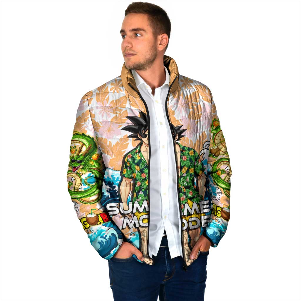 Goku Dragon Ball Summer Theme Padded Jacket with Tropical Floral Shirt Sunglasses Shenron and Ocean Wave Background - The Mazicc