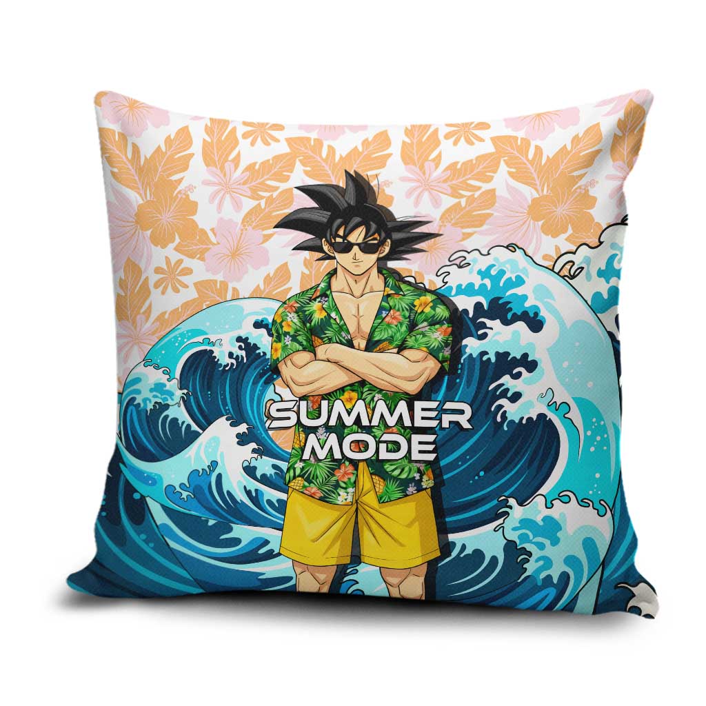 Goku Dragon Ball Summer Theme Pillow Cover with Tropical Floral Shirt Sunglasses Shenron and Ocean Wave Background - The Mazicc