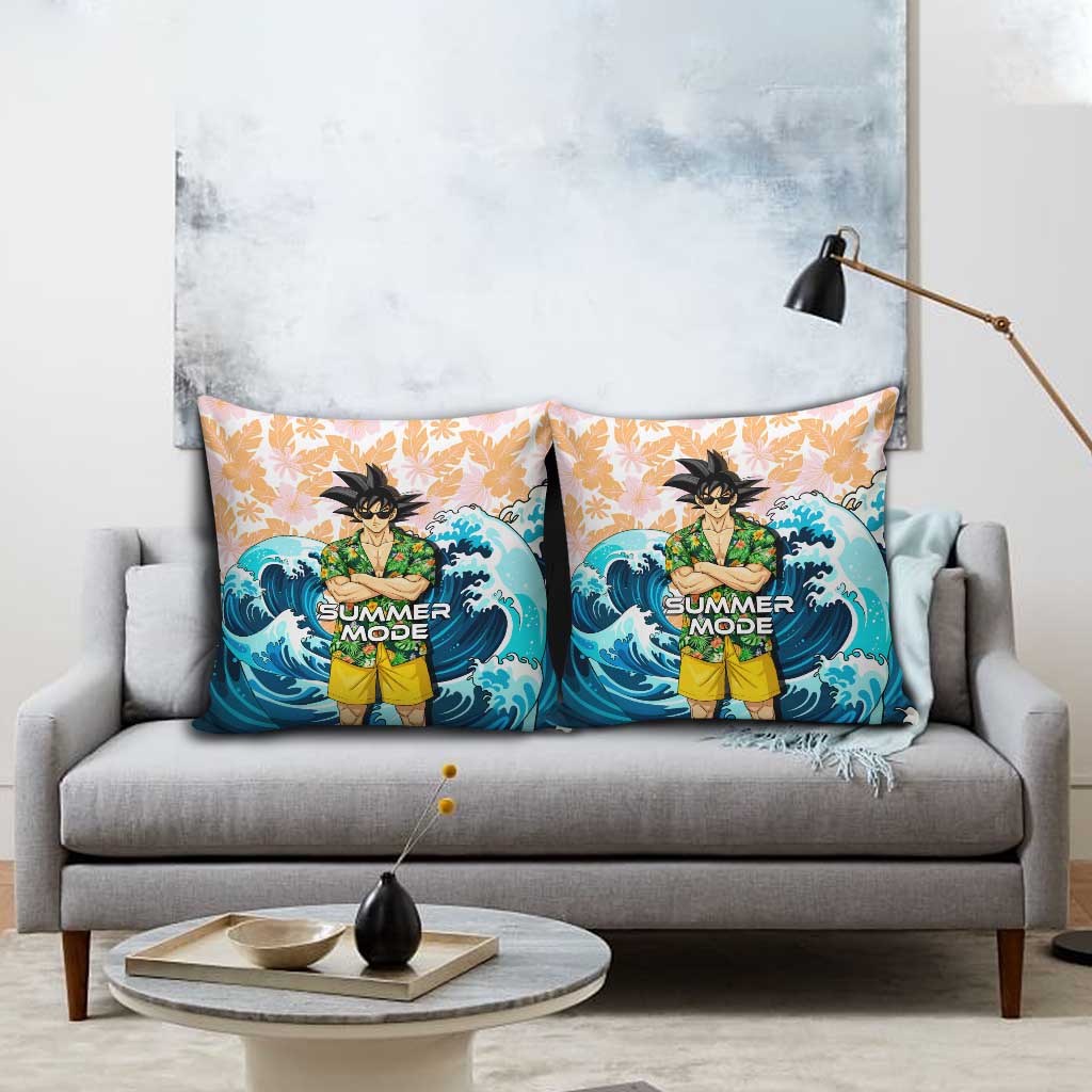 Goku Dragon Ball Summer Theme Pillow Cover with Tropical Floral Shirt Sunglasses Shenron and Ocean Wave Background - The Mazicc