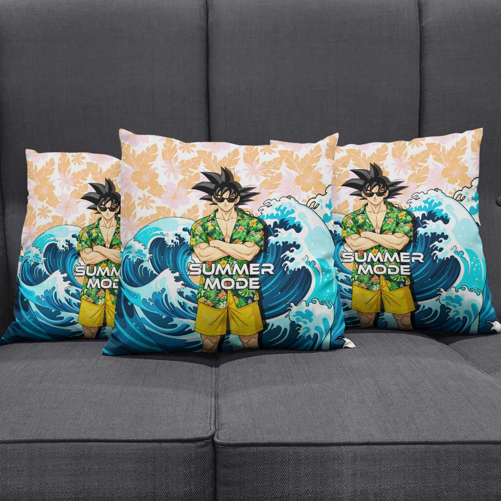 Goku Dragon Ball Summer Theme Pillow Cover with Tropical Floral Shirt Sunglasses Shenron and Ocean Wave Background - The Mazicc