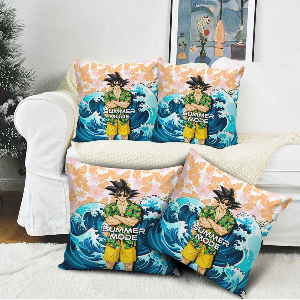 Goku Dragon Ball Summer Theme Pillow Cover with Tropical Floral Shirt Sunglasses Shenron and Ocean Wave Background - The Mazicc