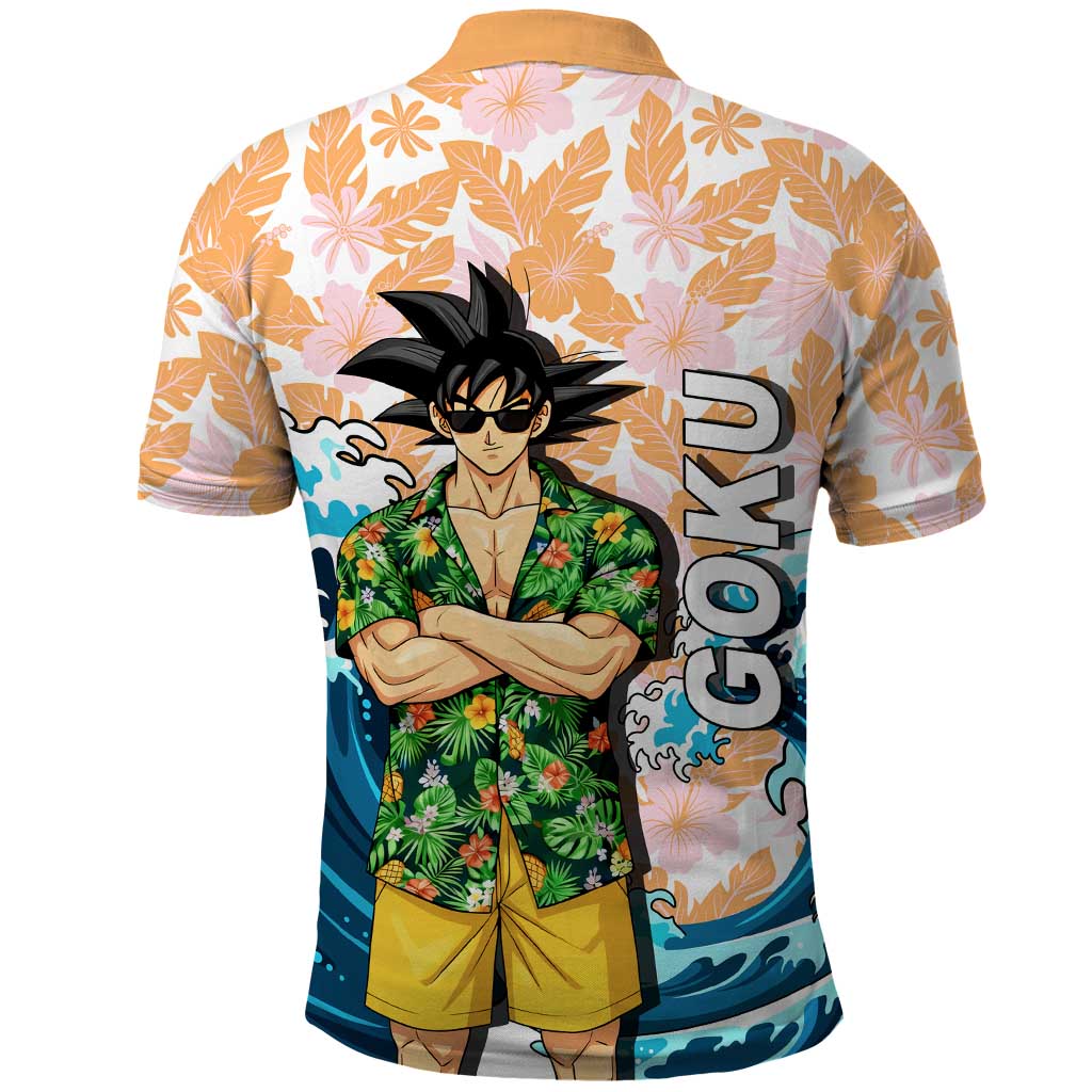 Goku Dragon Ball Summer Theme Polo Shirt with Tropical Floral Shirt Sunglasses Shenron and Ocean Wave Background - The Mazicc