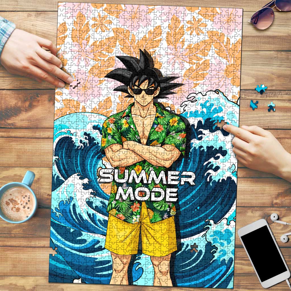 Goku Dragon Ball Summer Theme Puzzle with Tropical Floral Shirt Sunglasses Shenron and Ocean Wave Background - The Mazicc