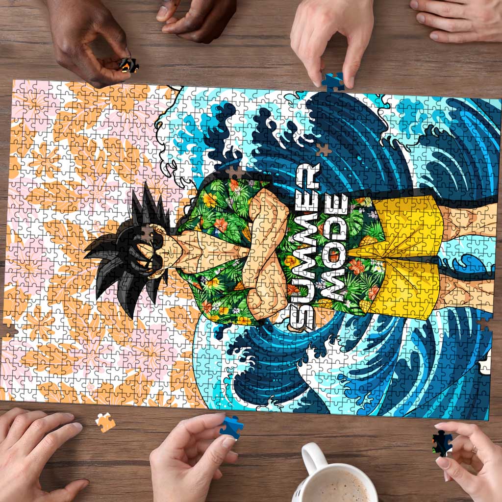 Goku Dragon Ball Summer Theme Puzzle with Tropical Floral Shirt Sunglasses Shenron and Ocean Wave Background - The Mazicc