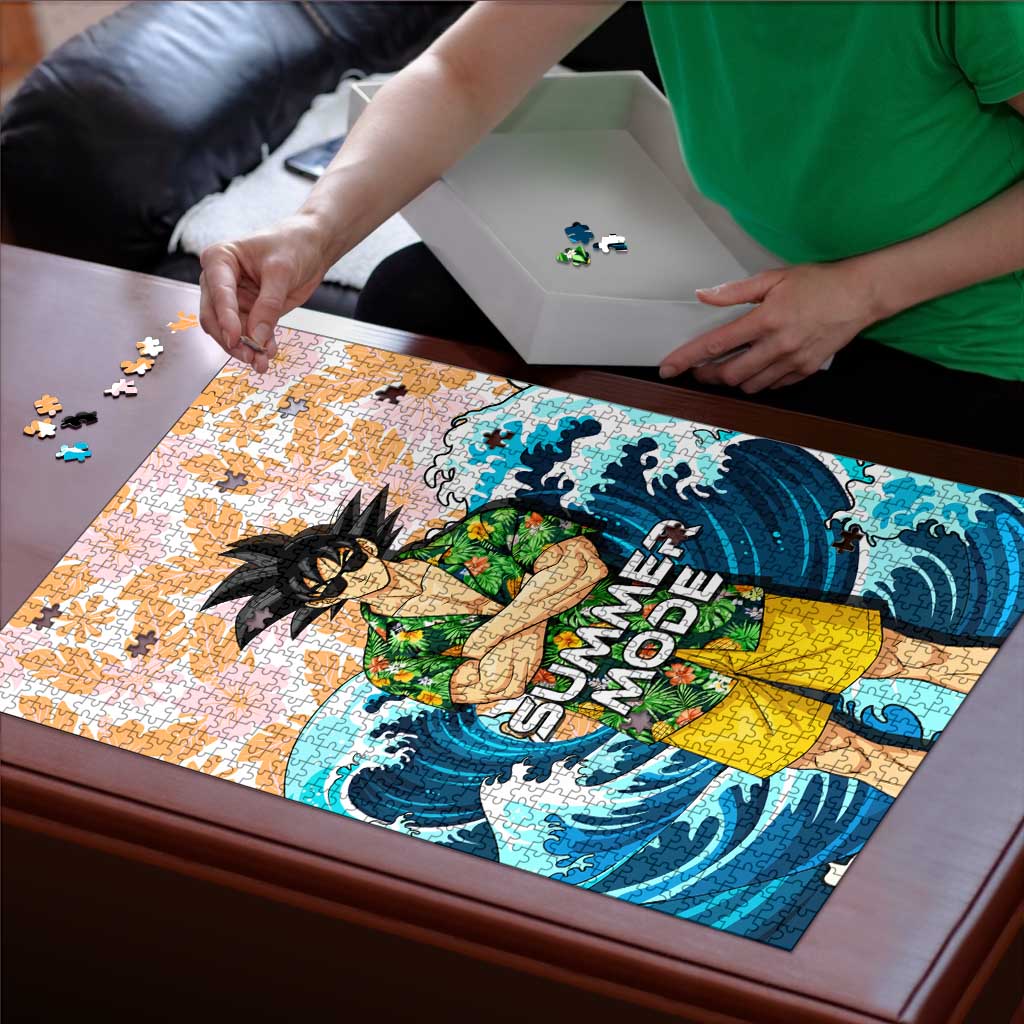 Goku Dragon Ball Summer Theme Puzzle with Tropical Floral Shirt Sunglasses Shenron and Ocean Wave Background - The Mazicc