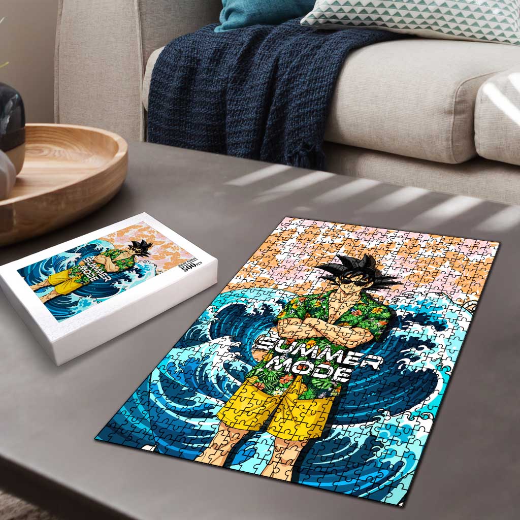 Goku Dragon Ball Summer Theme Puzzle with Tropical Floral Shirt Sunglasses Shenron and Ocean Wave Background - The Mazicc
