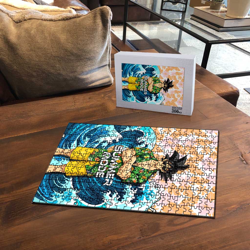 Goku Dragon Ball Summer Theme Puzzle with Tropical Floral Shirt Sunglasses Shenron and Ocean Wave Background - The Mazicc