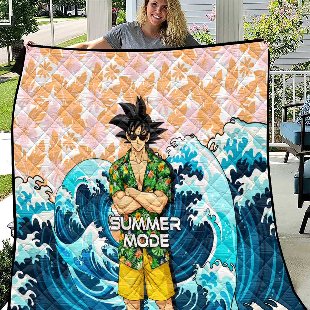 Goku Dragon Ball Summer Theme Quilt with Tropical Floral Shirt Sunglasses Shenron and Ocean Wave Background - The Mazicc