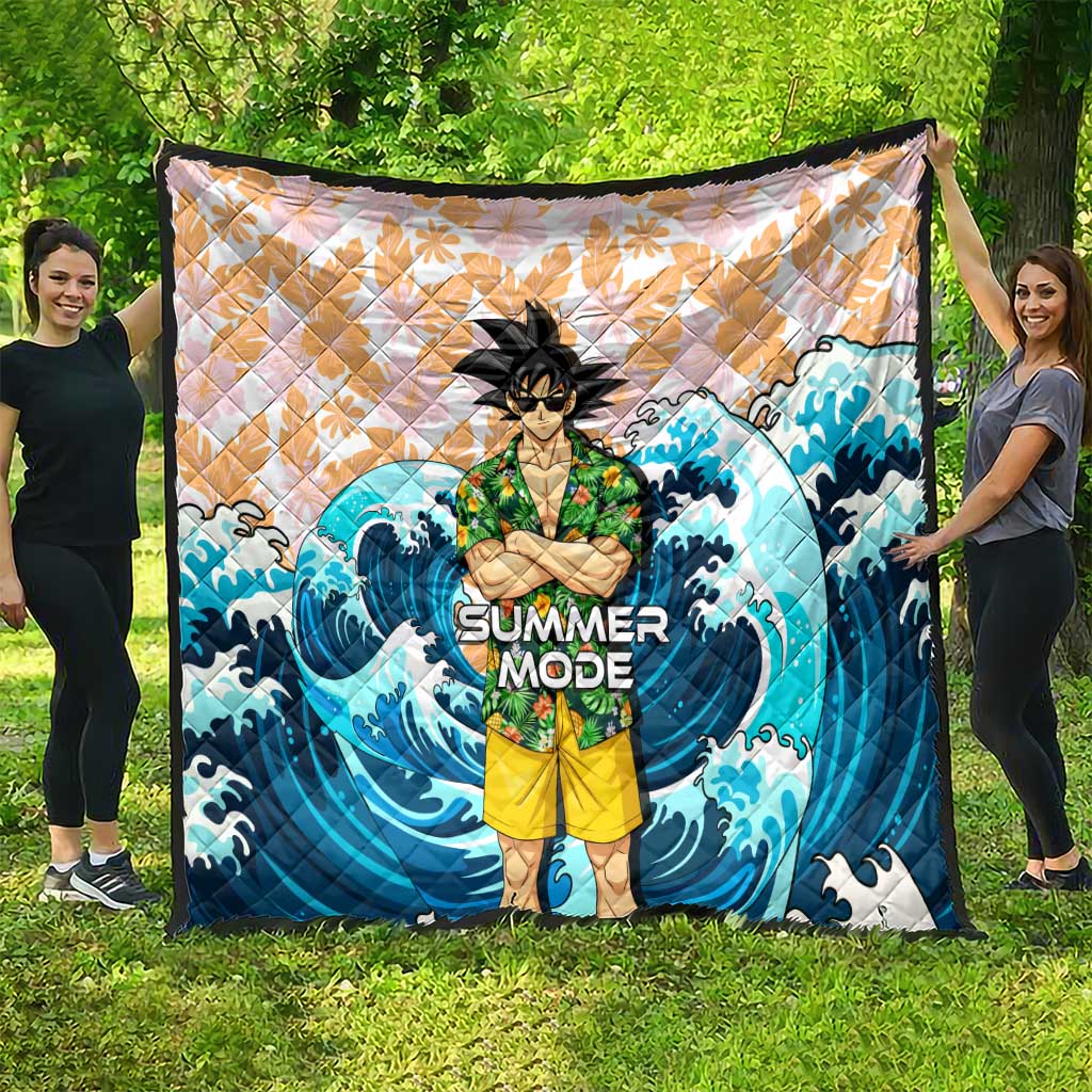 Goku Dragon Ball Summer Theme Quilt with Tropical Floral Shirt Sunglasses Shenron and Ocean Wave Background - The Mazicc