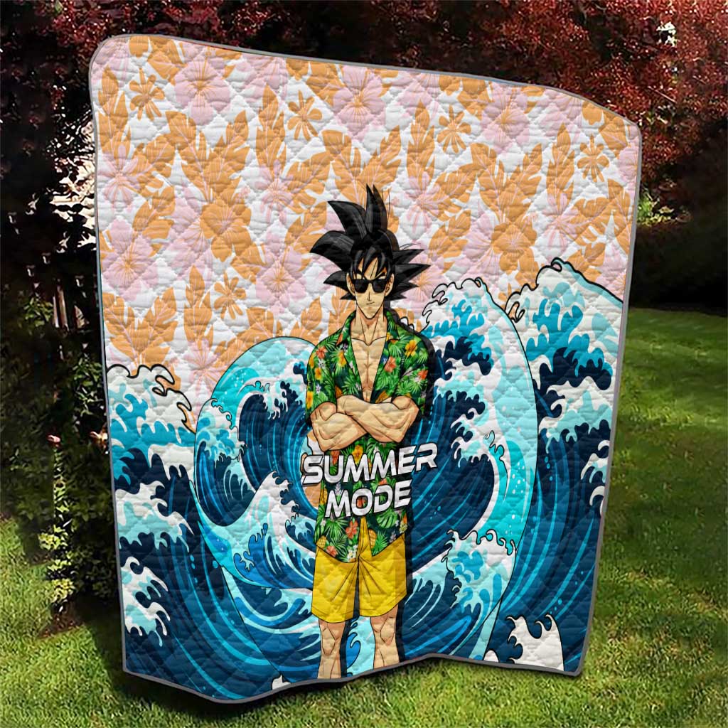 Goku Dragon Ball Summer Theme Quilt with Tropical Floral Shirt Sunglasses Shenron and Ocean Wave Background - The Mazicc