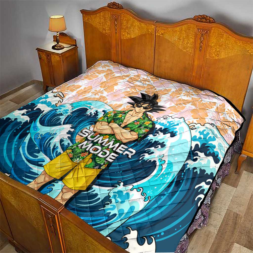 Goku Dragon Ball Summer Theme Quilt with Tropical Floral Shirt Sunglasses Shenron and Ocean Wave Background - The Mazicc