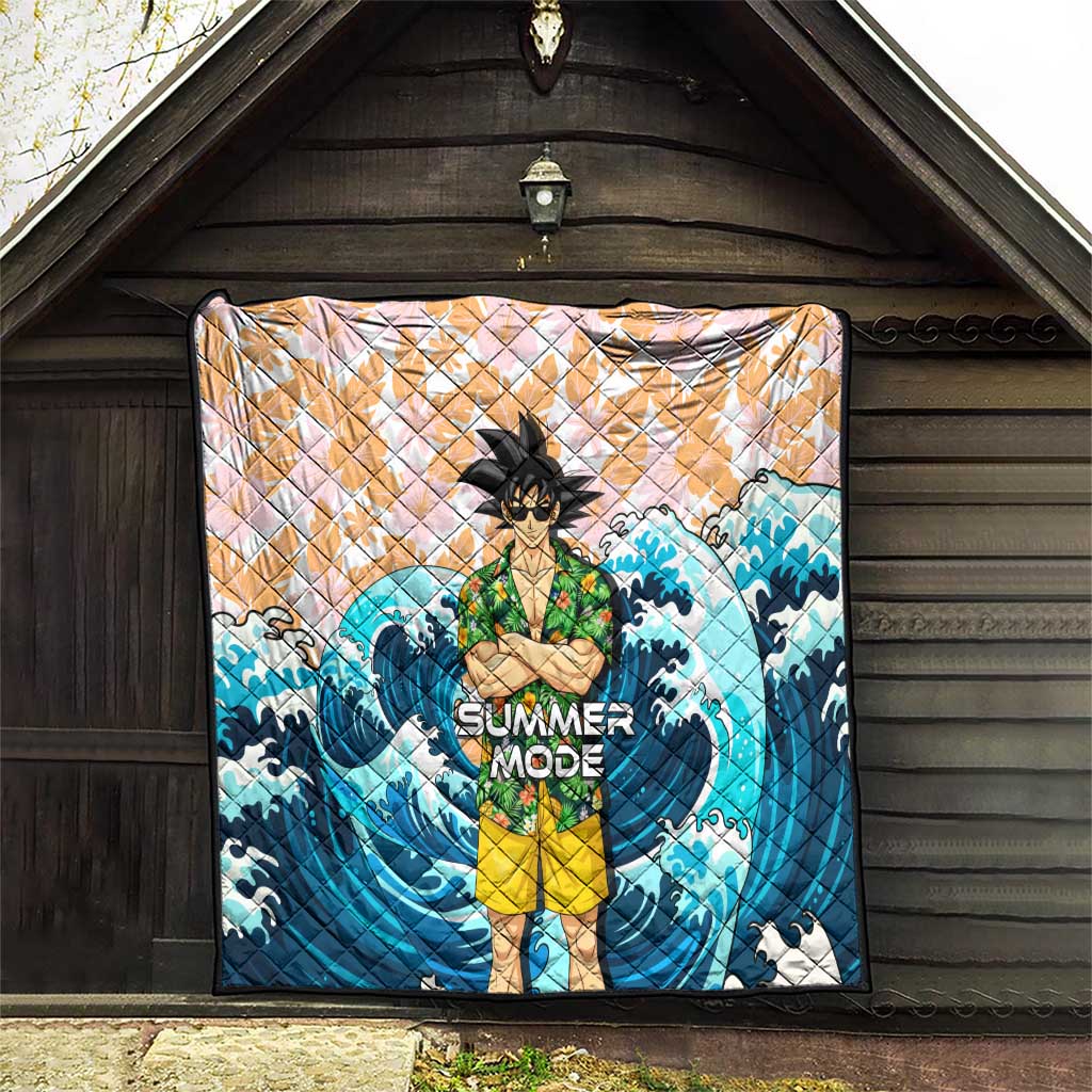 Goku Dragon Ball Summer Theme Quilt with Tropical Floral Shirt Sunglasses Shenron and Ocean Wave Background - The Mazicc