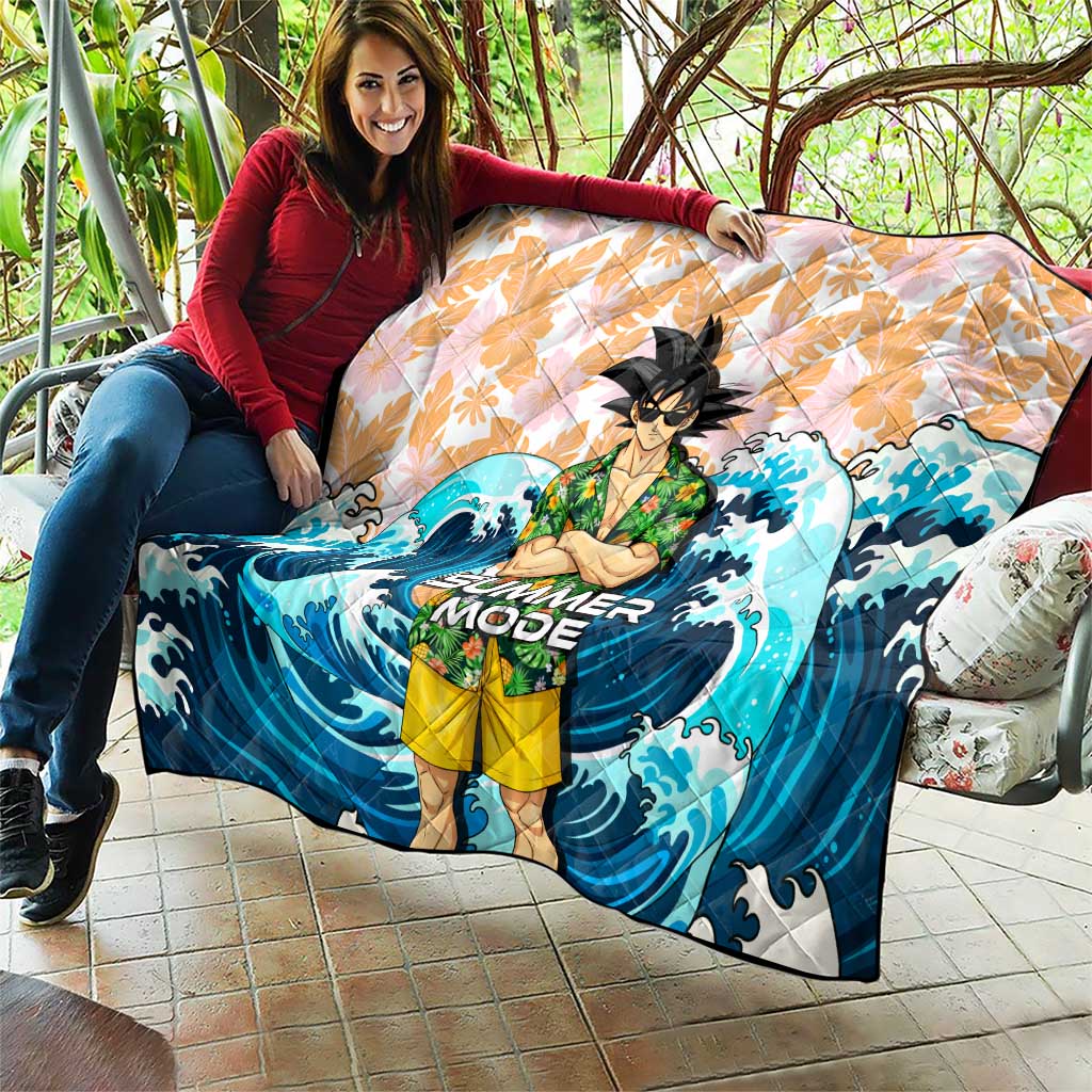Goku Dragon Ball Summer Theme Quilt with Tropical Floral Shirt Sunglasses Shenron and Ocean Wave Background - The Mazicc