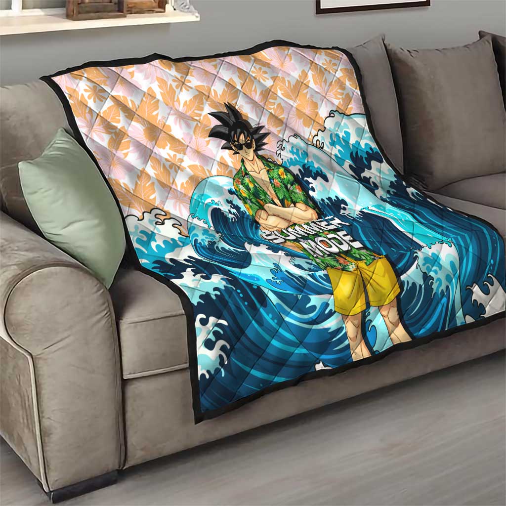 Goku Dragon Ball Summer Theme Quilt with Tropical Floral Shirt Sunglasses Shenron and Ocean Wave Background - The Mazicc