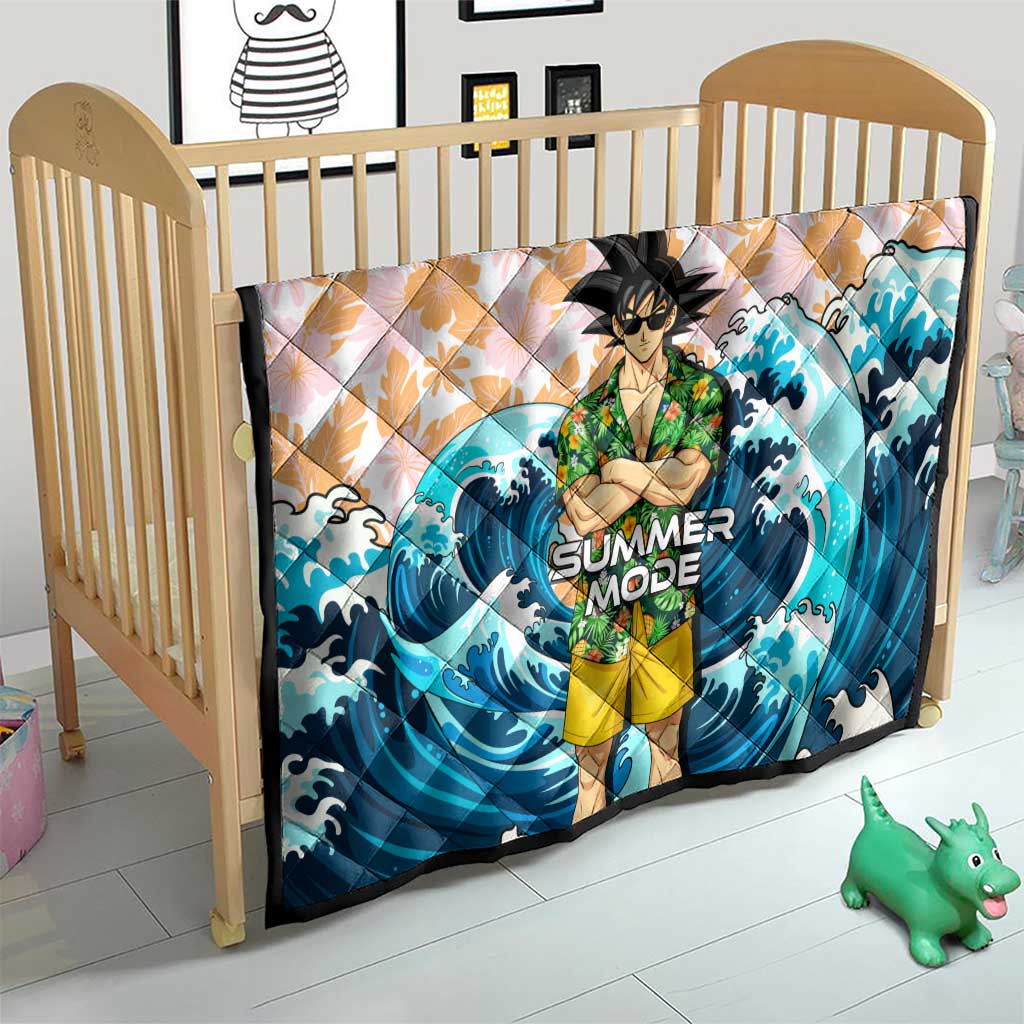 Goku Dragon Ball Summer Theme Quilt with Tropical Floral Shirt Sunglasses Shenron and Ocean Wave Background - The Mazicc
