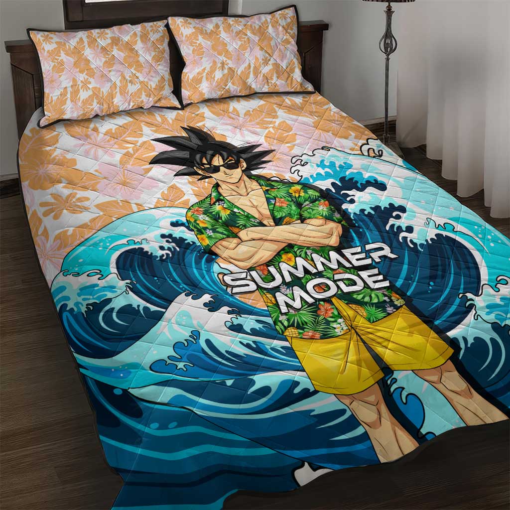 Goku Dragon Ball Summer Theme Quilt Bed Set with Tropical Floral Shirt Sunglasses Shenron and Ocean Wave Background - The Mazicc