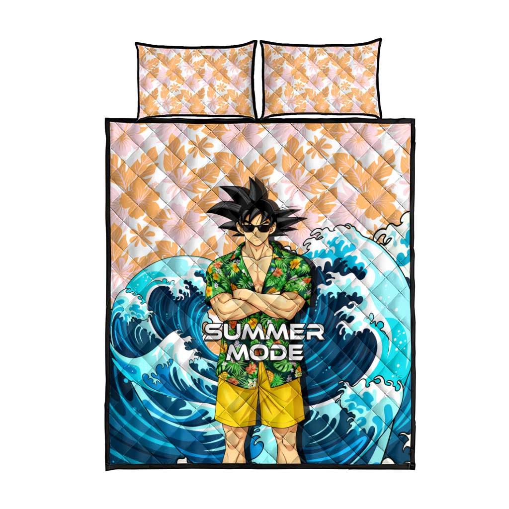 Goku Dragon Ball Summer Theme Quilt Bed Set with Tropical Floral Shirt Sunglasses Shenron and Ocean Wave Background - The Mazicc